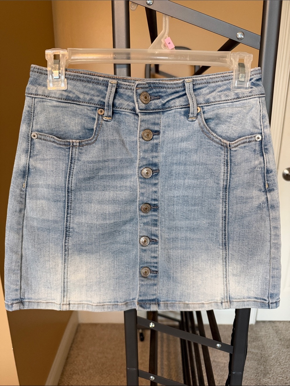 American Eagle Outfitters Light Wash Denim Button-Front Mini Skirt